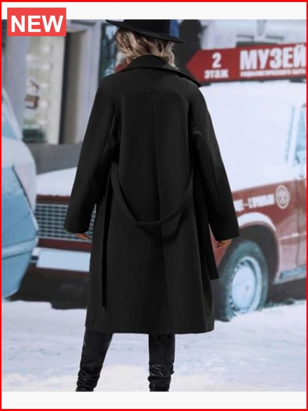 Wool Blend Double Breasted Notch Lapel Long Pea Coat - Picture 5 of 6